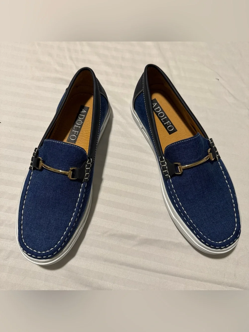 Adolfo Navy Blue Slip-On Loafers with Gold Accent